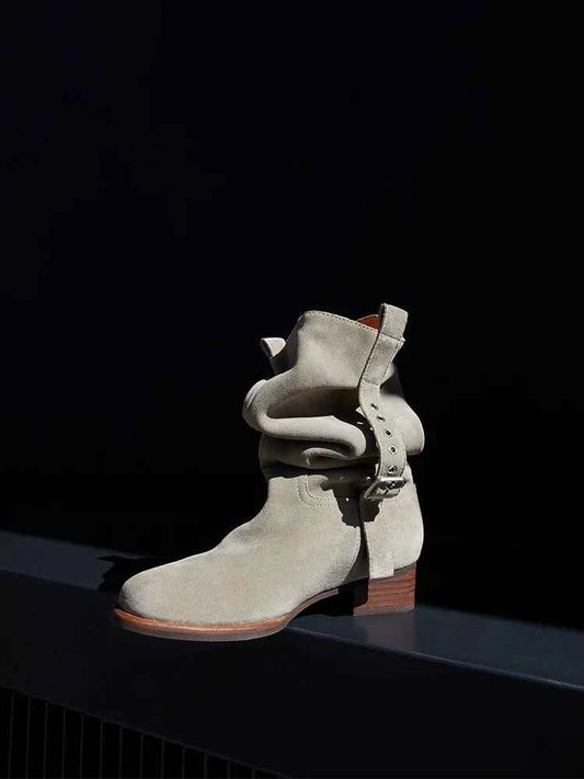 Suede Slouchy Buckle Ankle Boots