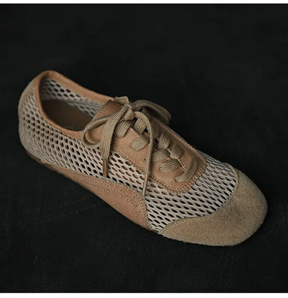 Beige Mesh Suede Lace-Up Sneakers - Wolvess