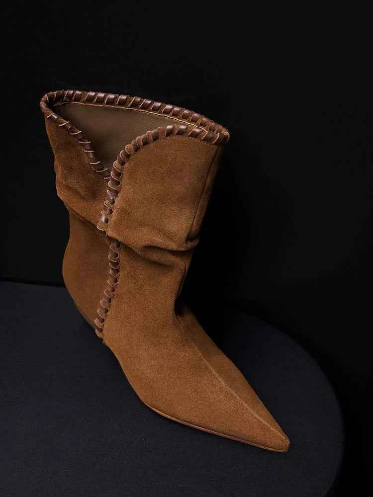 Brown Suede Slouchy Pointed-Toe Boots with Whipstitch Trim