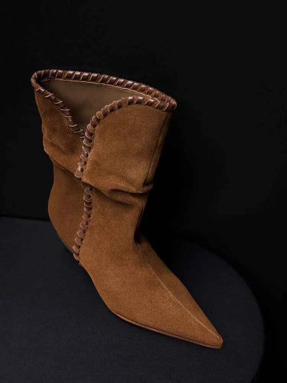 Brown Suede Slouchy Pointed-Toe Boots with Whipstitch Trim
