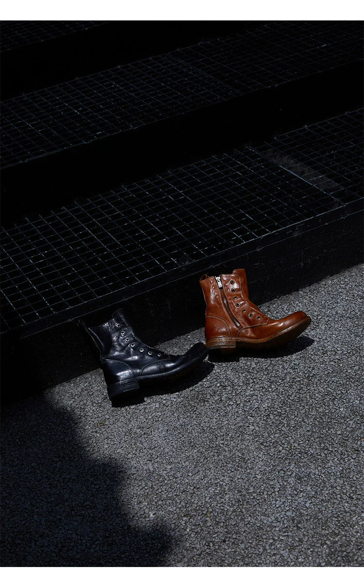 Brown Leather Lace-less Combat Boots - Wolvess