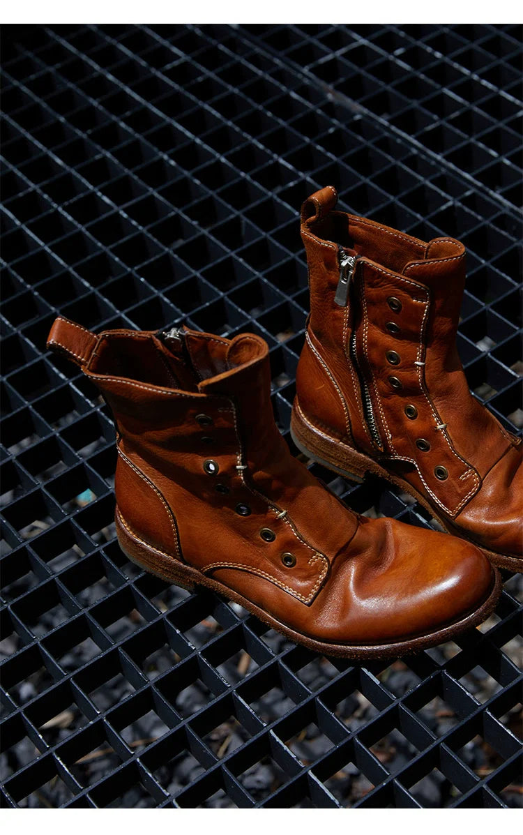 Brown Leather Lace-less Combat Boots - Wolvess