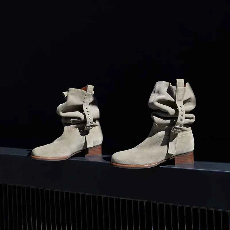 Suede Slouchy Buckle Ankle Boots
