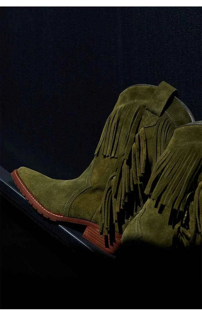 Cowboy Boot with Fringe Detailing and a Brown Stacked Heel