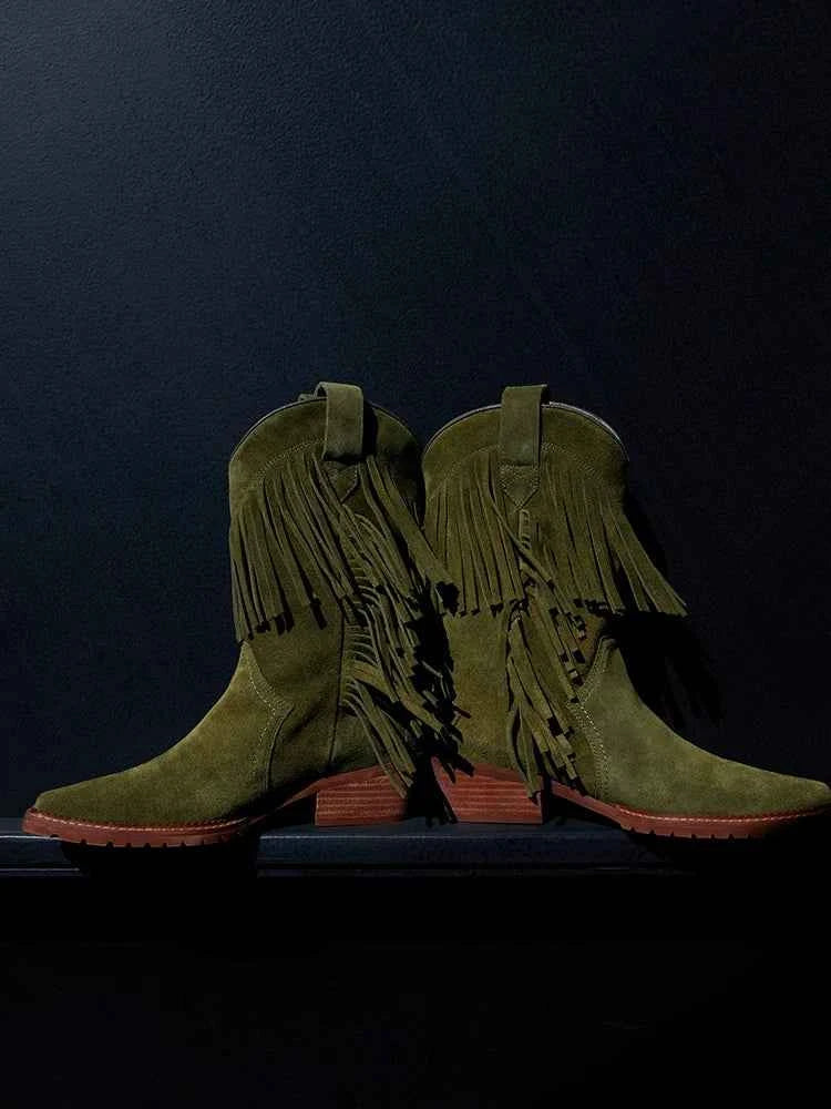 Cowboy Boot with Fringe Detailing and a Brown Stacked Heel