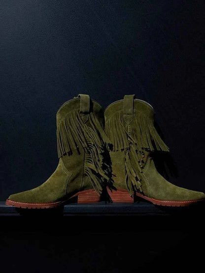 Cowboy Boot with Fringe Detailing and a Brown Stacked Heel