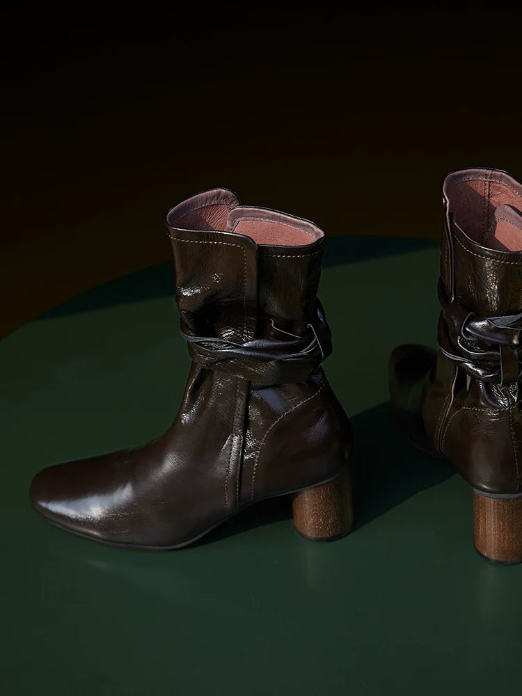 Leather Ankle Boots with Block Heel - Wolvess