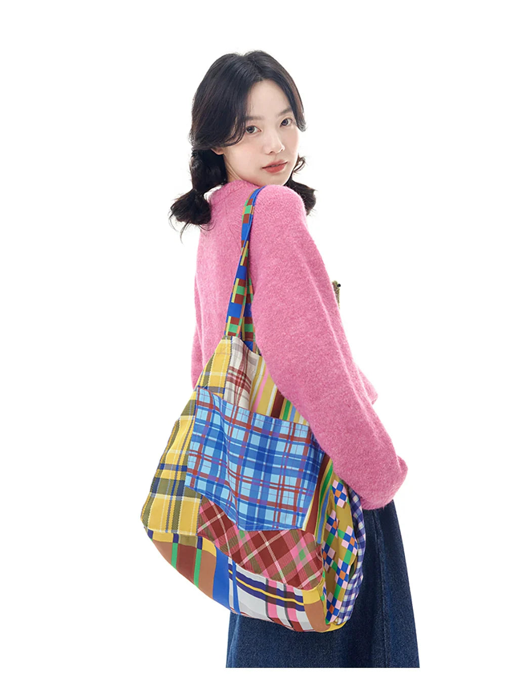 Colorful Patchwork Plaid Tote Bag - Wolvess