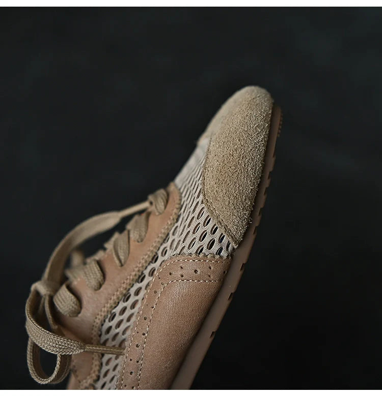 Beige Mesh Suede Lace-Up Sneakers - Wolvess