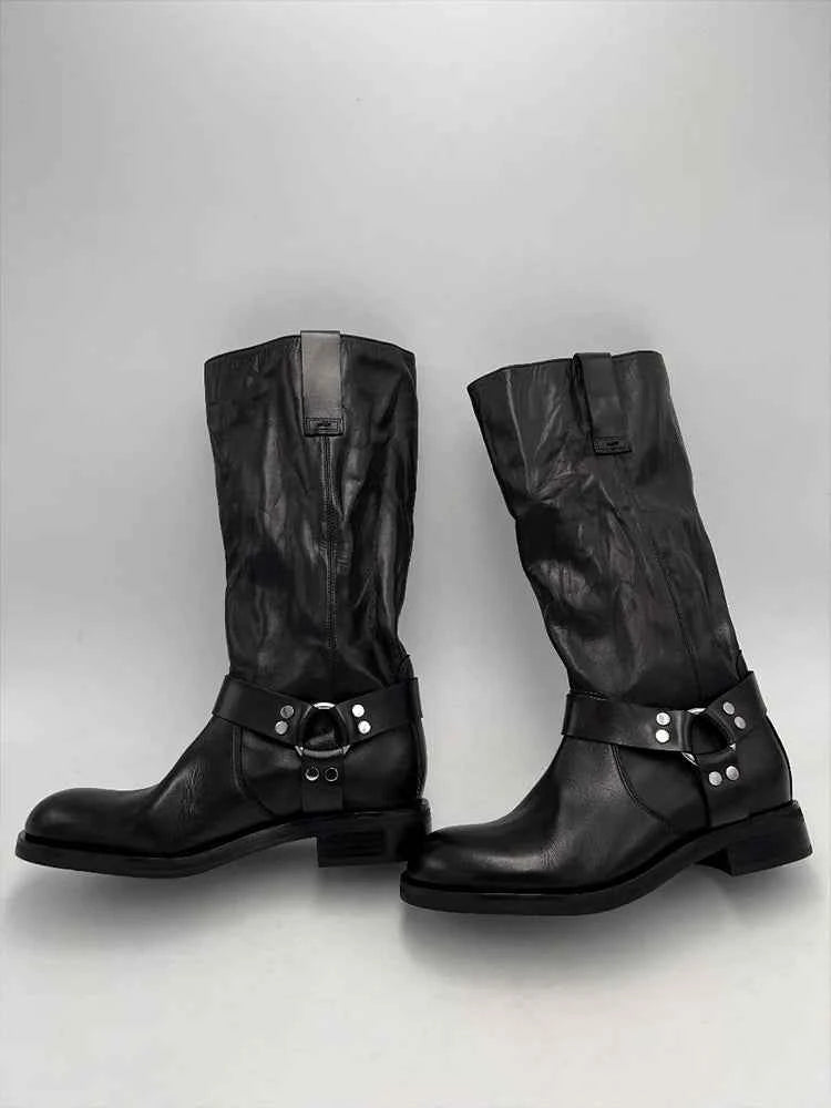 Black Leather Harness Biker Boots