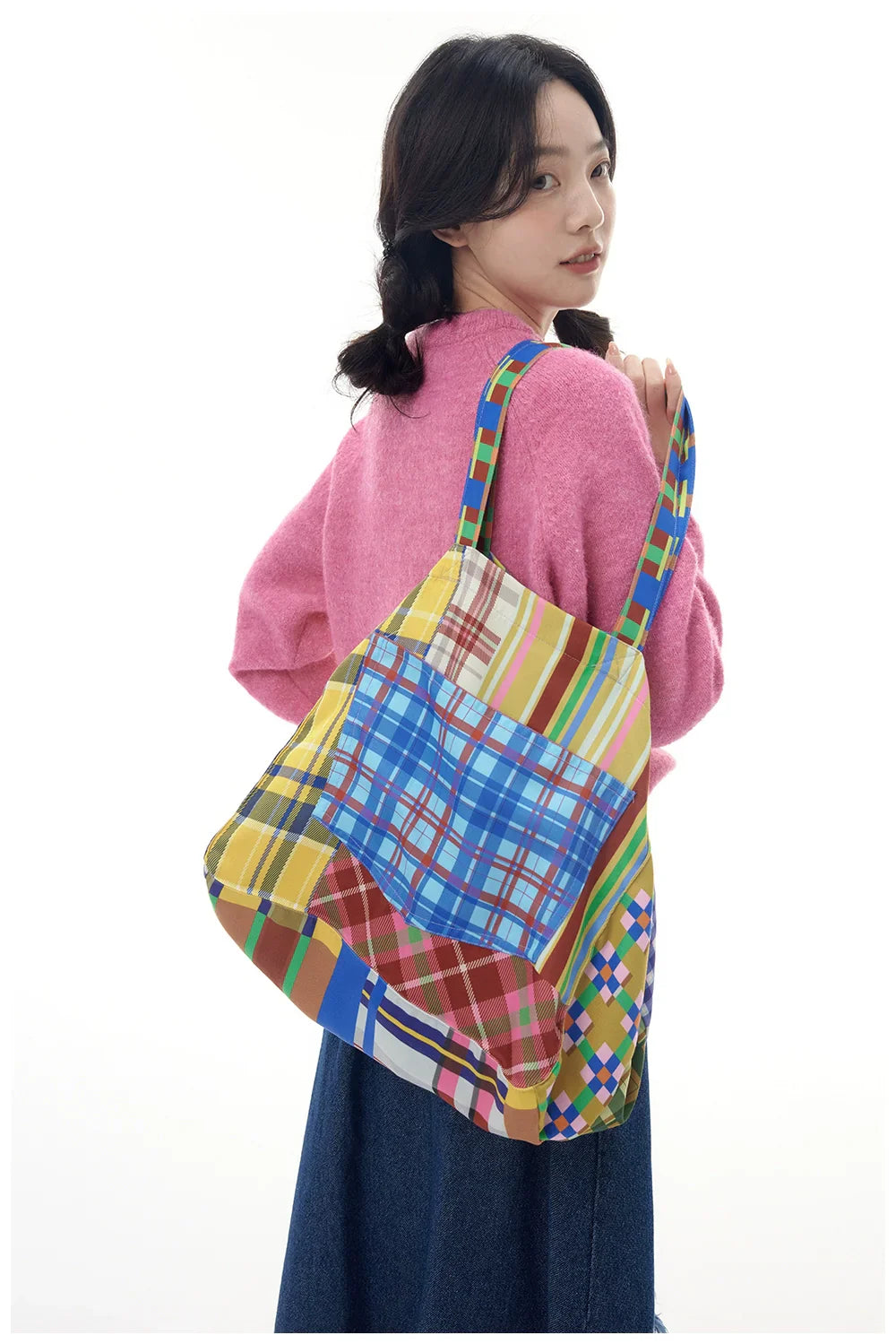 Colorful Patchwork Plaid Tote Bag - Wolvess