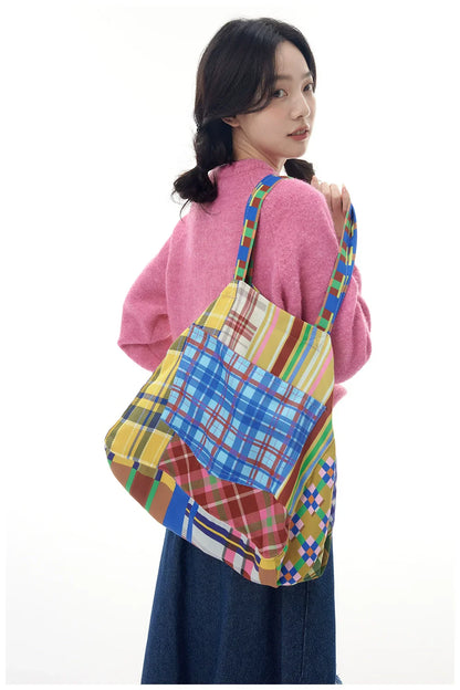 Colorful Patchwork Plaid Tote Bag - Wolvess