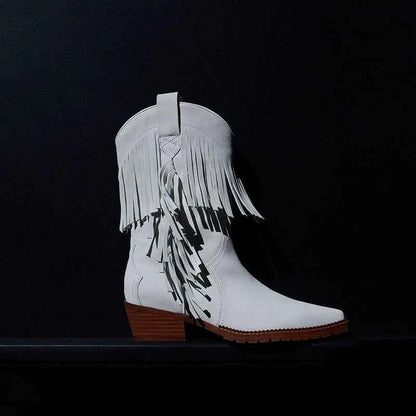 Cowboy Boot with Fringe Detailing and a Brown Stacked Heel