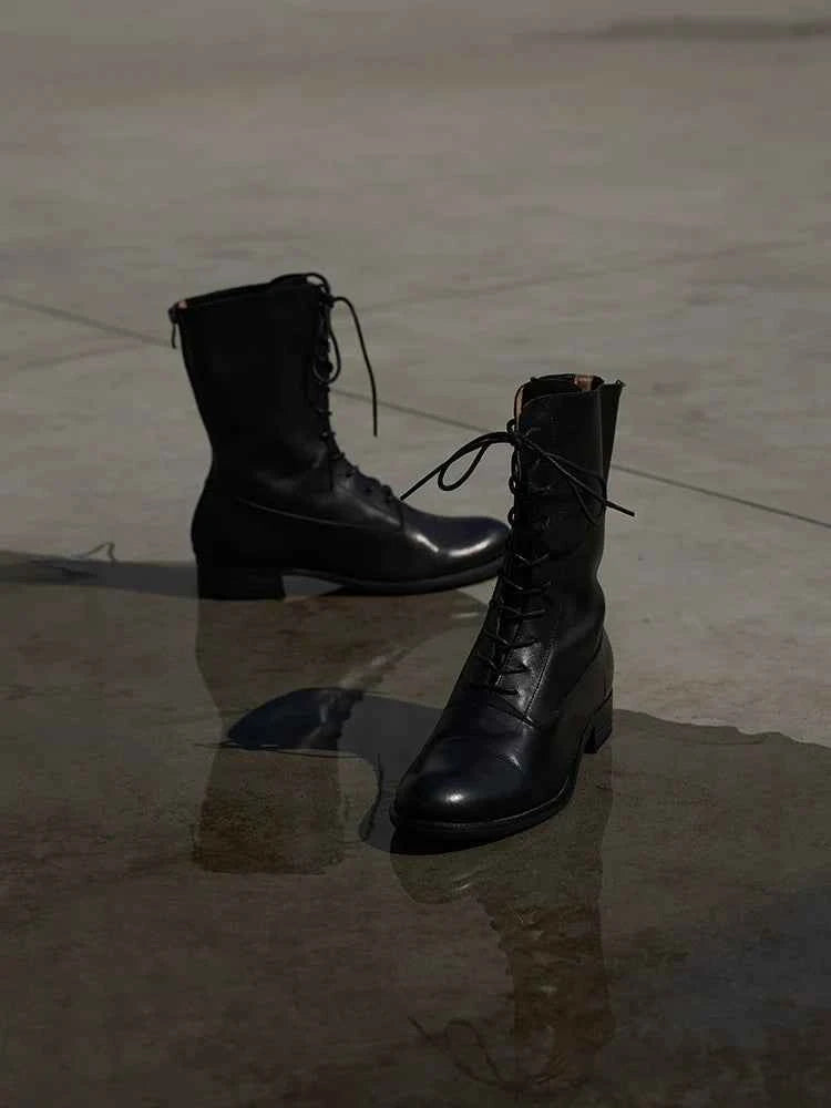 Black Leather Lace-Up Combat Boots