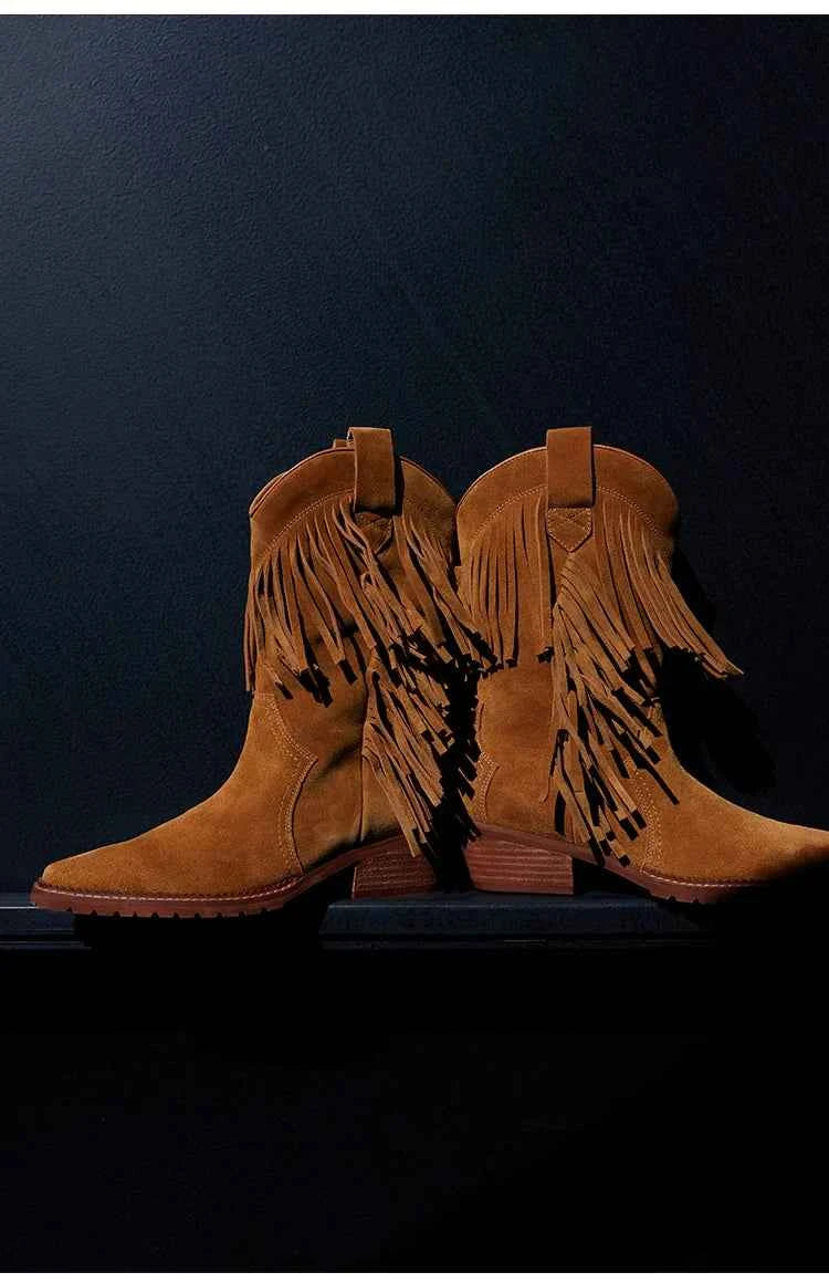 Cowboy Boot with Fringe Detailing and a Brown Stacked Heel