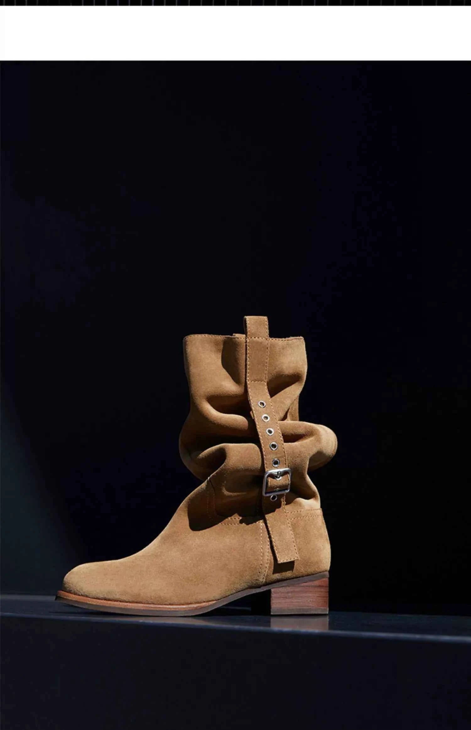 Suede Slouchy Buckle Ankle Boots