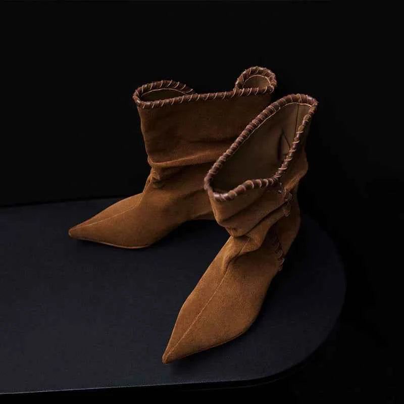 Brown Suede Slouchy Pointed-Toe Boots with Whipstitch Trim