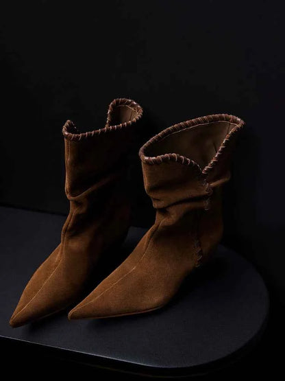 Brown Suede Slouchy Pointed-Toe Boots with Whipstitch Trim