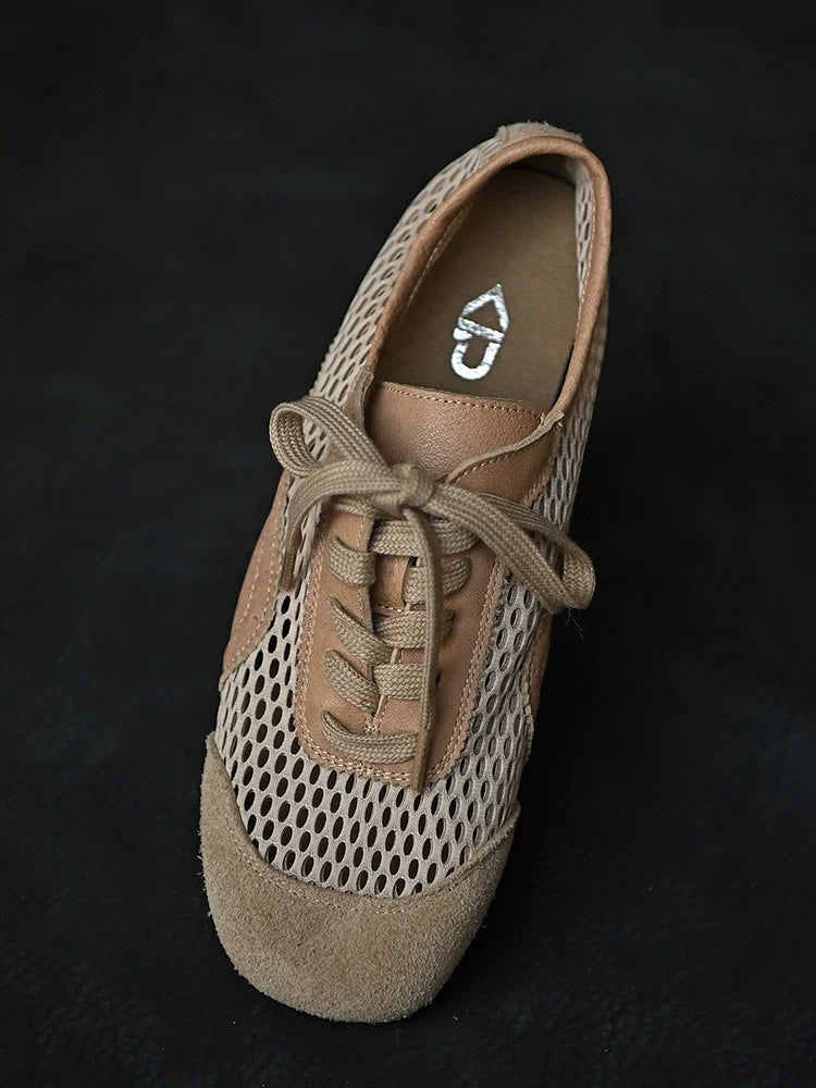 Beige Mesh Suede Lace-Up Sneakers - Wolvess