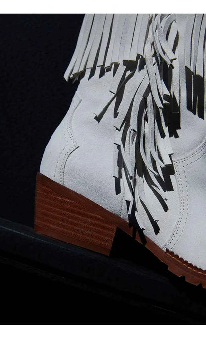 Cowboy Boot with Fringe Detailing and a Brown Stacked Heel