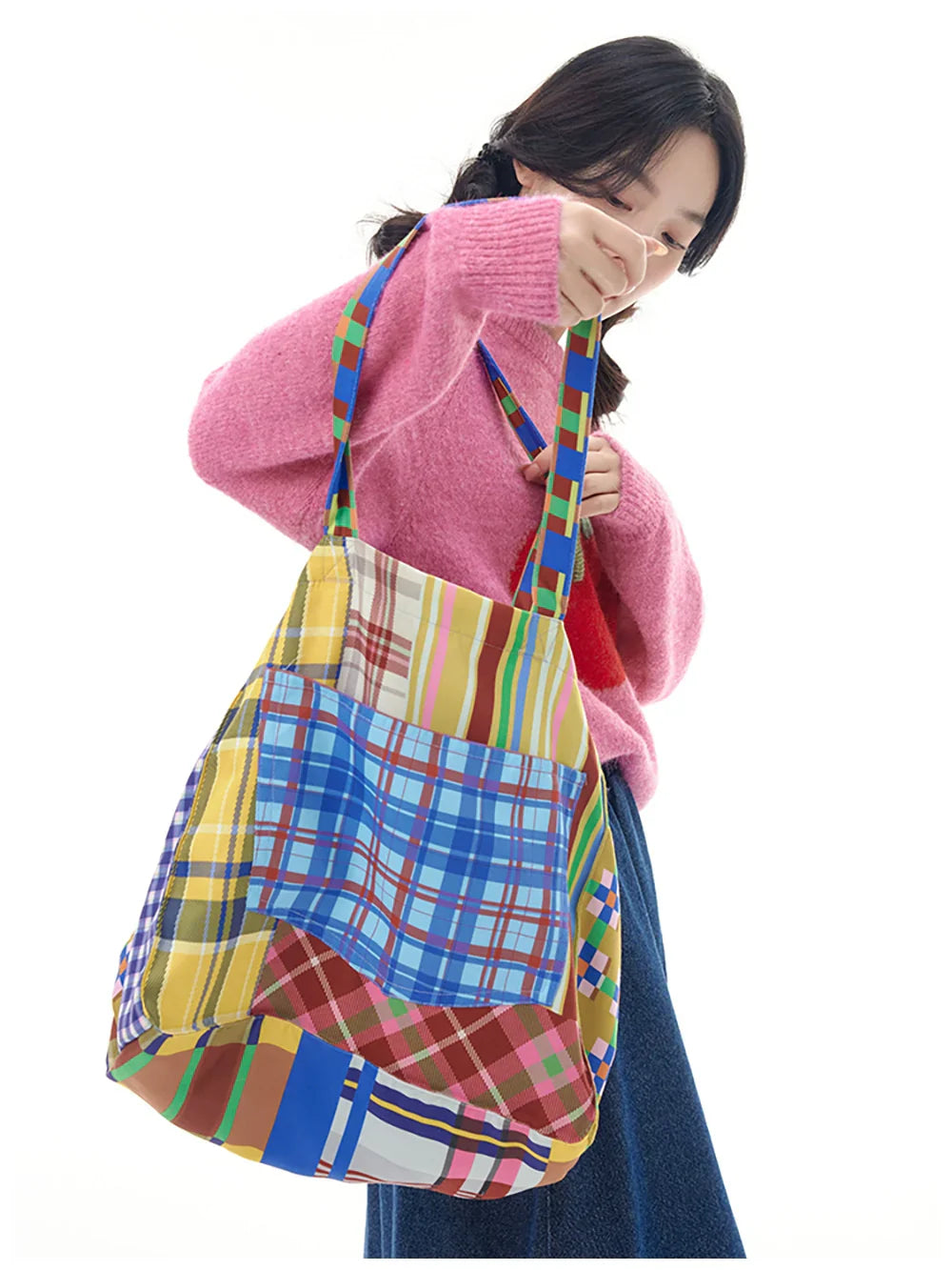 Colorful Patchwork Plaid Tote Bag - Wolvess