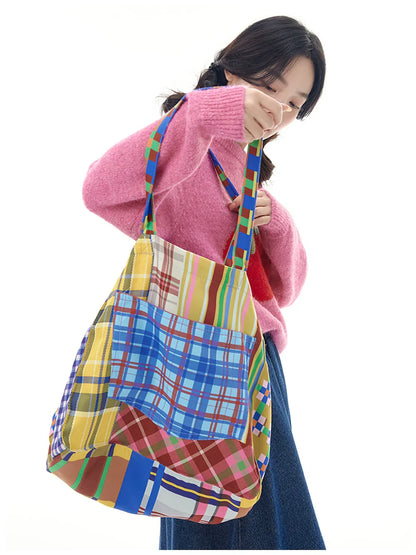 Colorful Patchwork Plaid Tote Bag - Wolvess