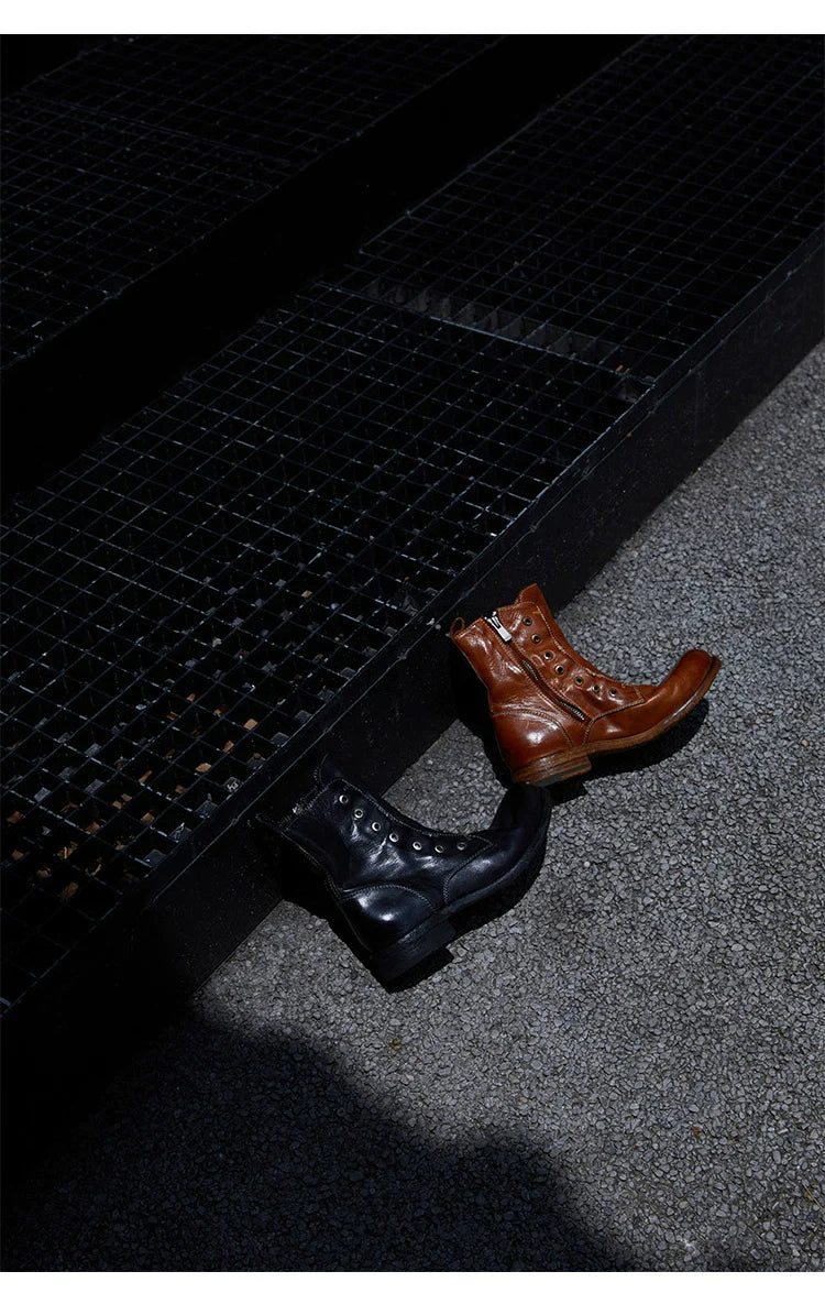 Brown Leather Lace-less Combat Boots - Wolvess