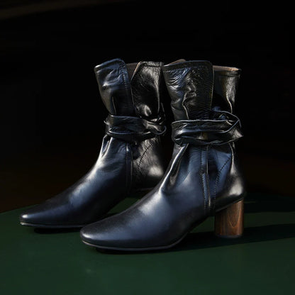 Leather Ankle Boots with Block Heel - Wolvess