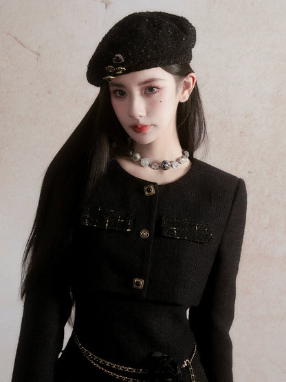 Black Wool Beret with Pin Accessories - Wolvess