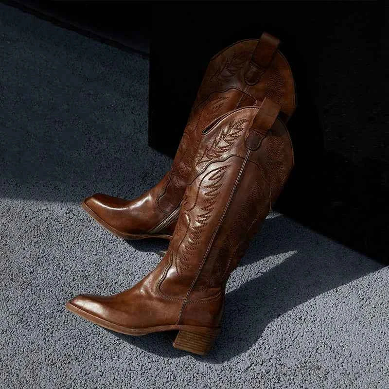 Brown Leather Western Cowboy Boots with Embroidered Detailing