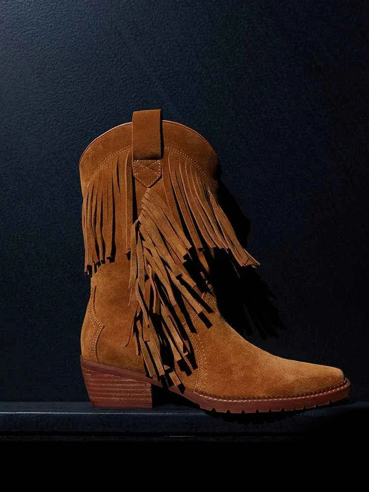 Cowboy Boot with Fringe Detailing and a Brown Stacked Heel