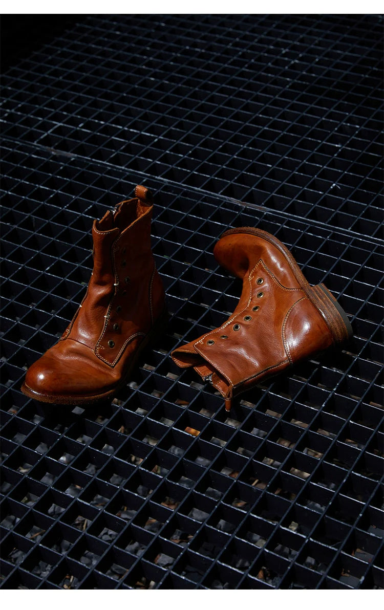 Brown Leather Lace-less Combat Boots - Wolvess