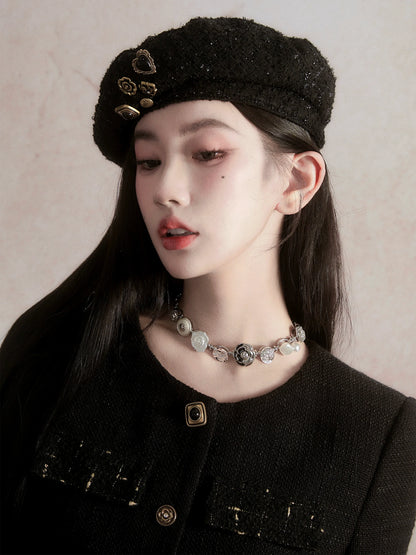 Black Wool Beret with Pin Accessories - Wolvess