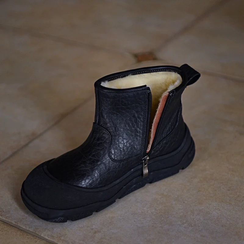 Black Shearling-Lined Winter Boot with Zipper - Wolvess