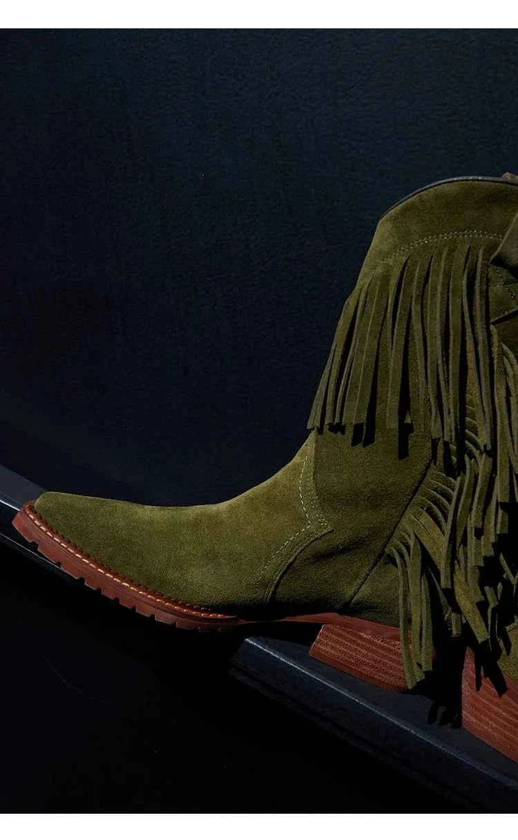 Cowboy Boot with Fringe Detailing and a Brown Stacked Heel