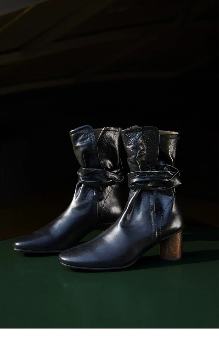 Leather Ankle Boots with Block Heel - Wolvess