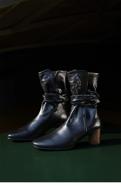 Leather Ankle Boots with Block Heel - Wolvess