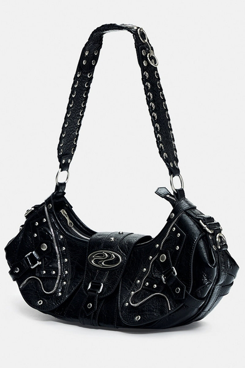 Crackle Chain Studded Hobo Bag - Wolvess