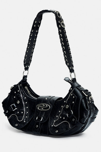 Crackle Chain Studded Hobo Bag - Wolvess