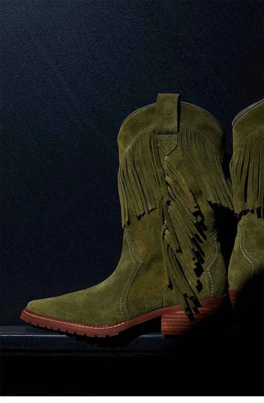 Cowboy Boot with Fringe Detailing and a Brown Stacked Heel
