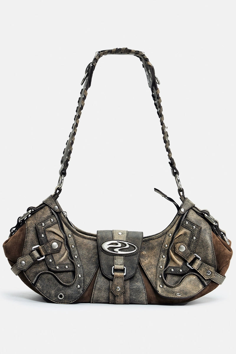 Crackle Chain Studded Hobo Bag - Wolvess