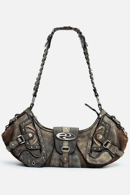 Crackle Chain Studded Hobo Bag - Wolvess