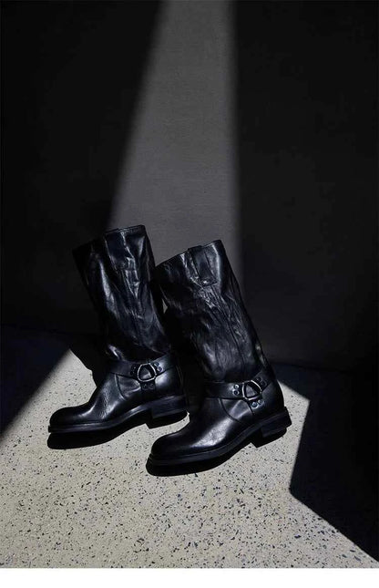 Black Leather Harness Biker Boots