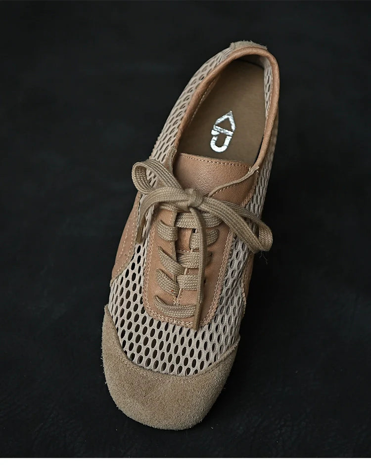 Beige Mesh Suede Lace-Up Sneakers - Wolvess