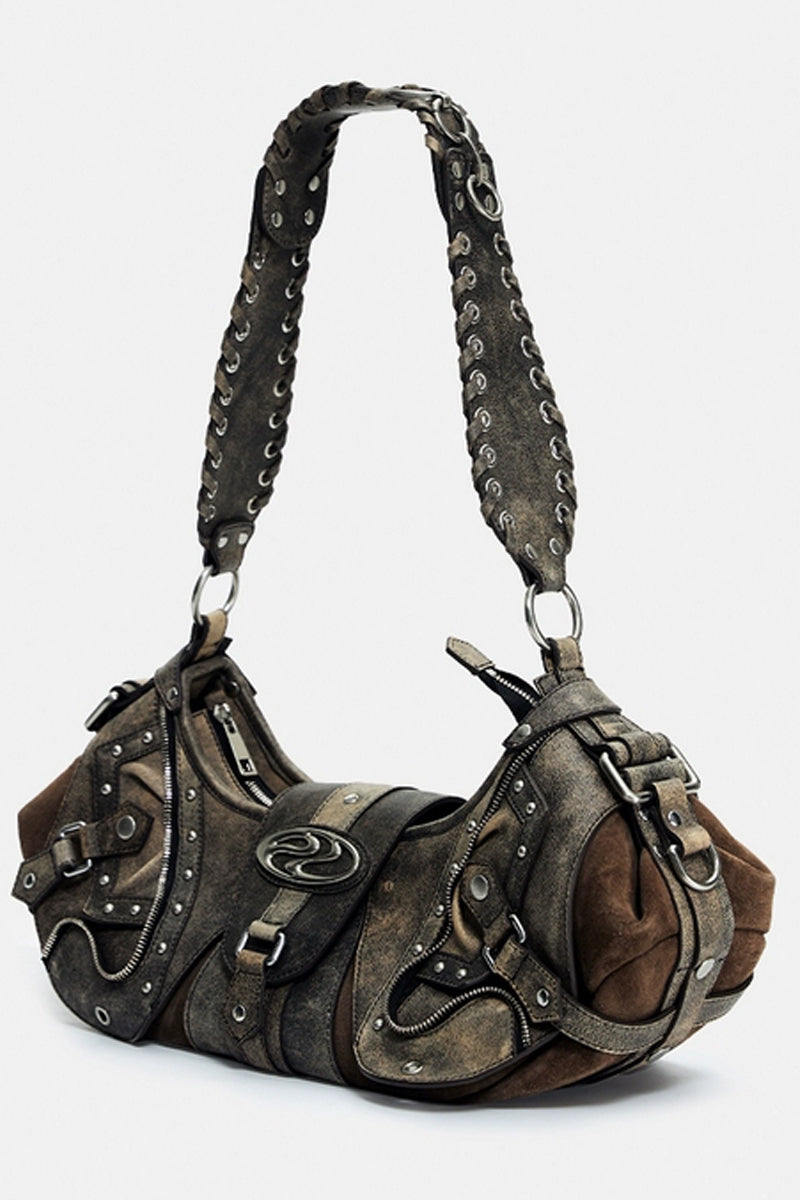 Crackle Chain Studded Hobo Bag - Wolvess