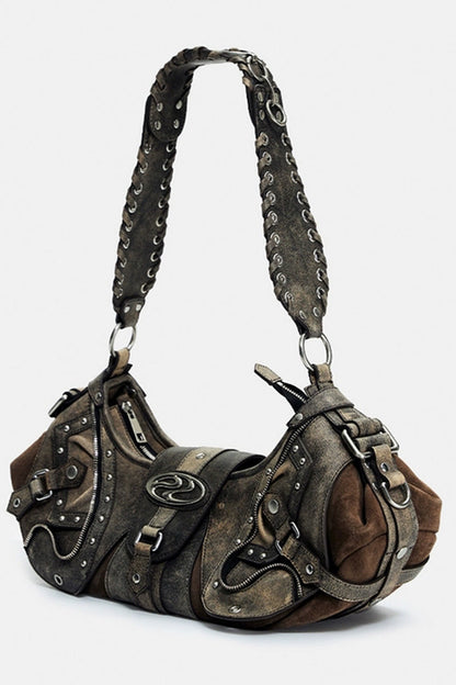 Crackle Chain Studded Hobo Bag - Wolvess