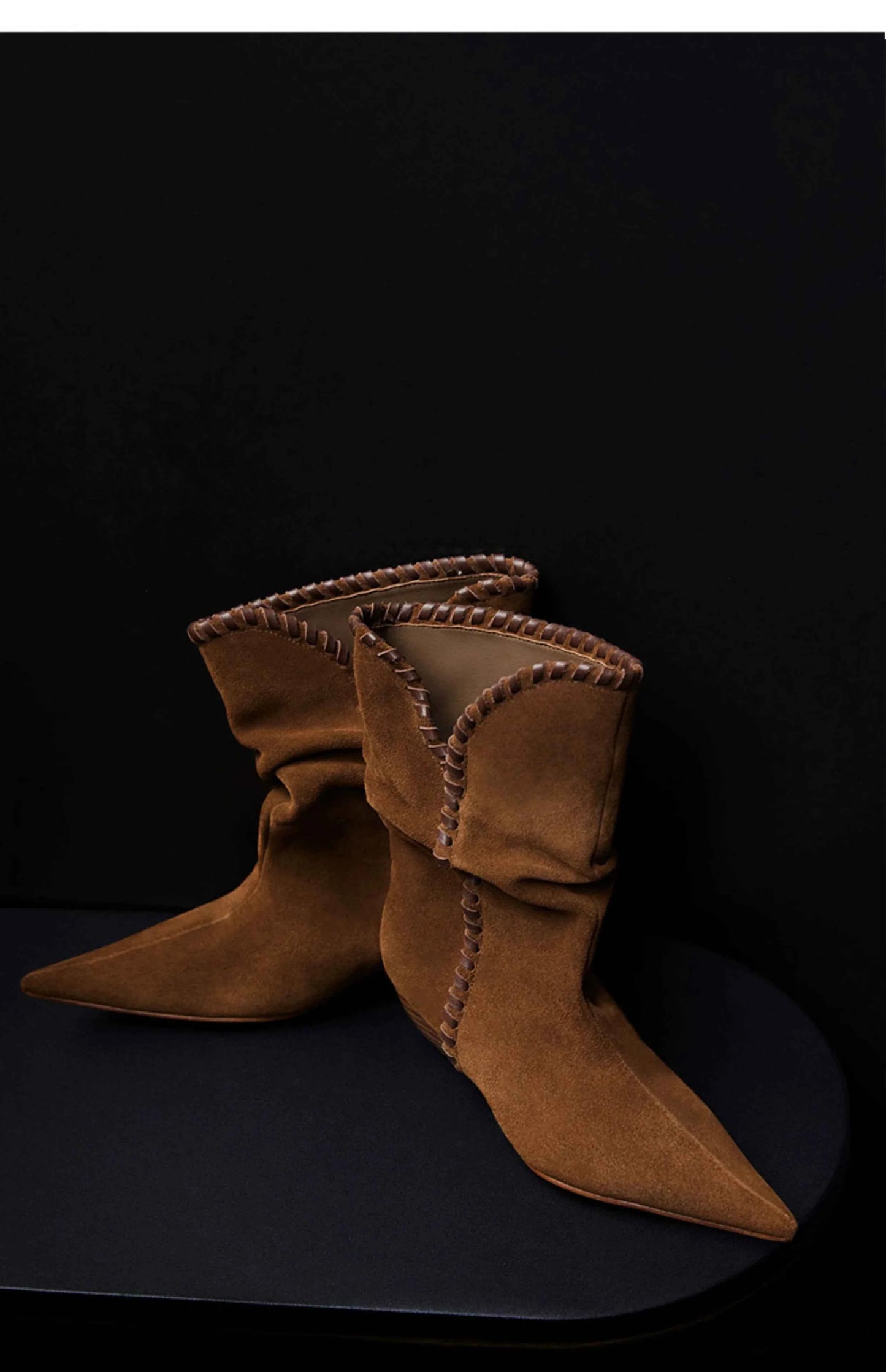 Brown Suede Slouchy Pointed-Toe Boots with Whipstitch Trim
