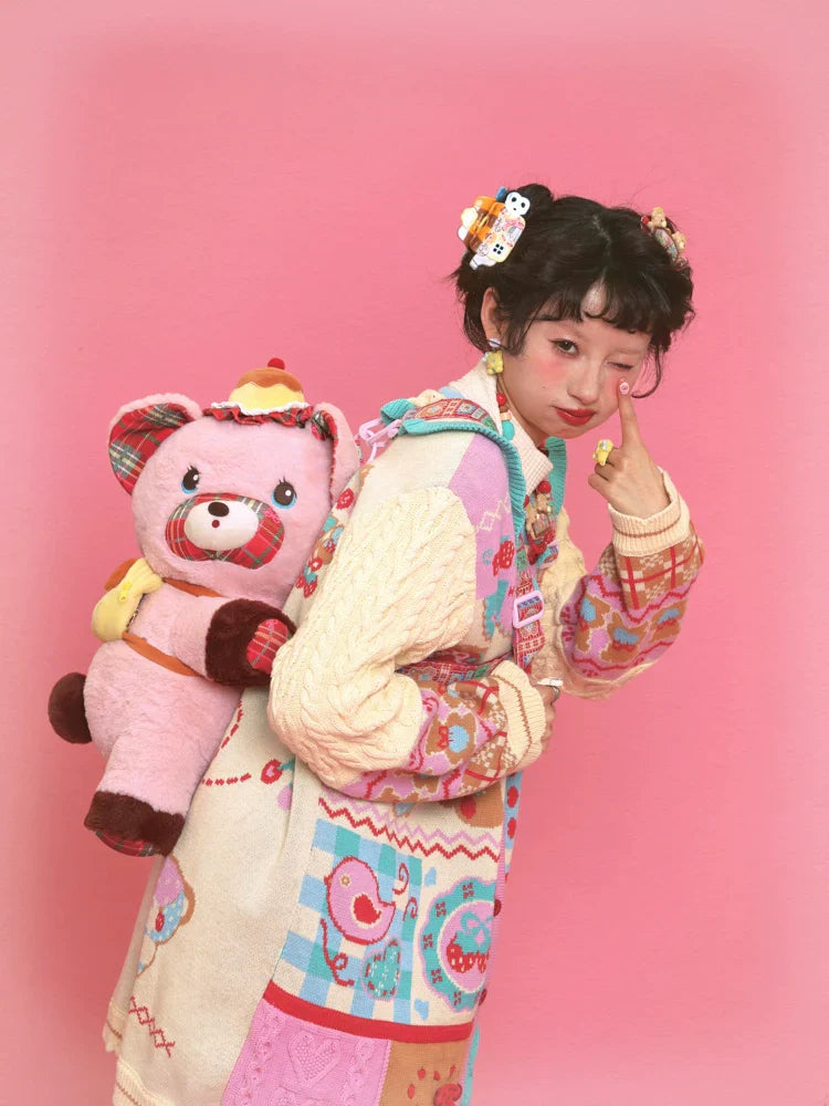 Plaid Pink Bear Plush Crossbody Bag - Wolvess