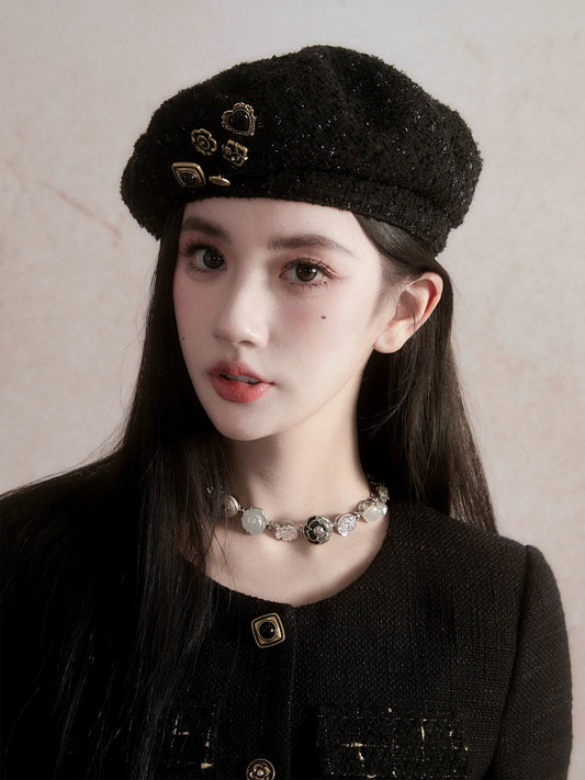 Black Wool Beret with Pin Accessories - Wolvess