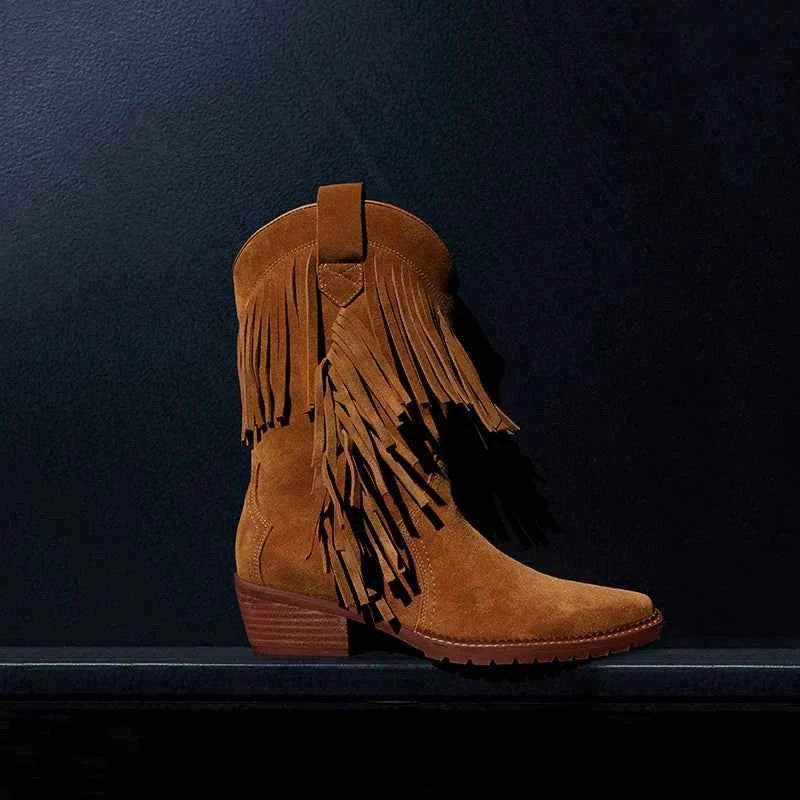 Cowboy Boot with Fringe Detailing and a Brown Stacked Heel